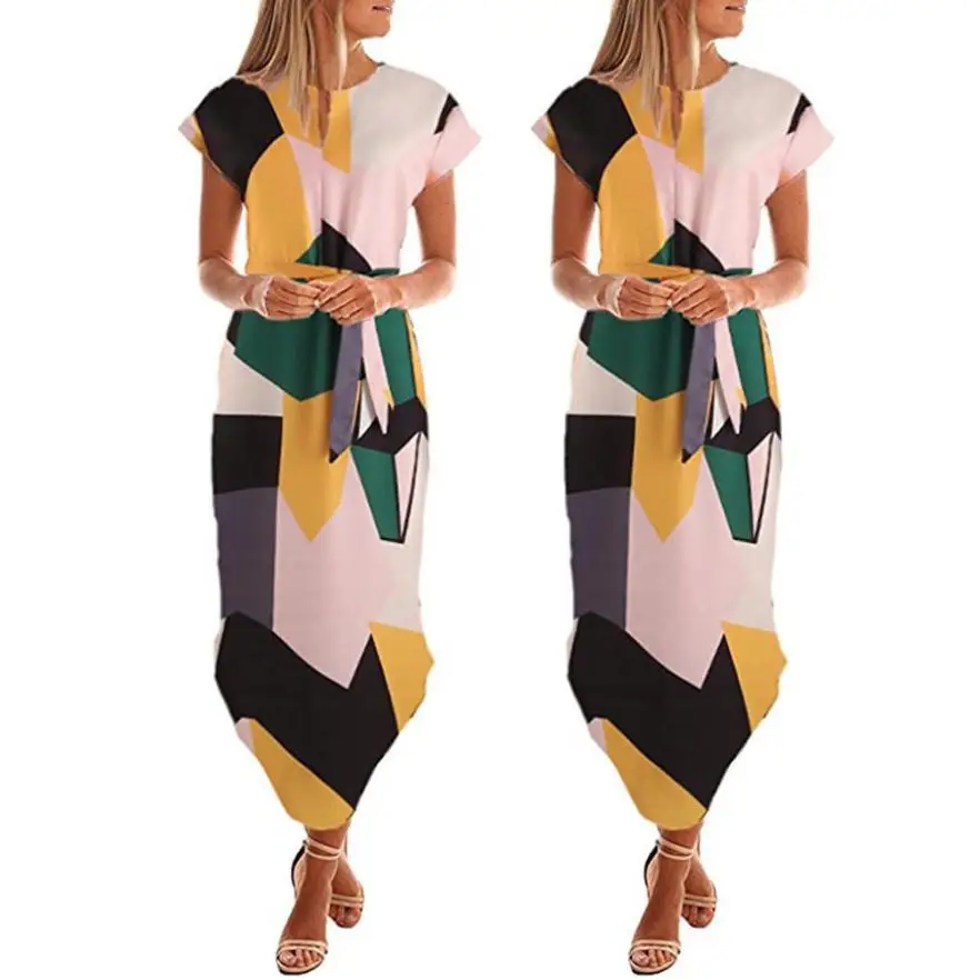 MIARHB Новое модное женское повседневное богемное Платье макси с коротким рукавом и v-образным вырезом с принтом и поясом N4