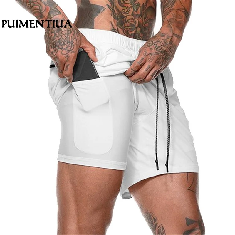 

Puimentiua 2019 Gym Shorts Men Running Shorts Double-Deck Mens Fitness Bodybuilding Breathable compression Shorts Quick Drying