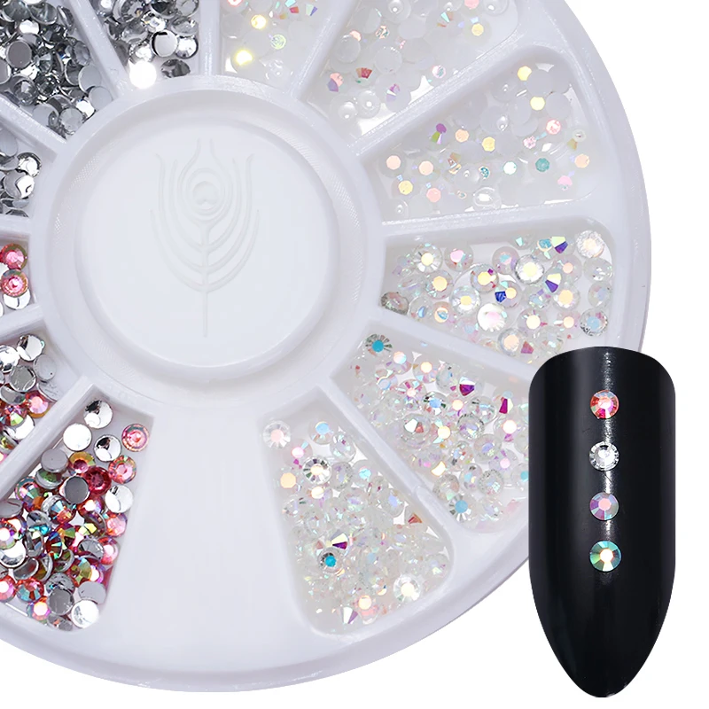 

1 Box Shinning Rhinestones AB Colorful 3D Nail Art Decoration in Wheel Flat Back Sharp Back Dotting Pen Manicure Nail Decoration