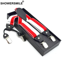 SHOWERSMILE, подтяжки для взрослых, эластичные брюки с полосками, красный, белый, мужские подтяжки, цветные, 4 зажима, модные женские подтяжки 120 см