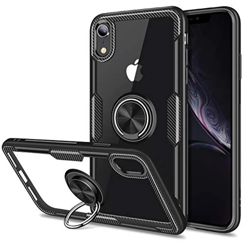 Transparent Crystal Carbon Fiber Armor Cover For iphone x xs max xr 6 7 8 6s Plus 360 Finger Ring Clip Magnetic Car Holder Case