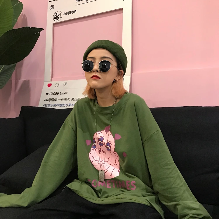 Осенняя модная женская футболка Корейская Ulzzang Harajuku Смешные Мультяшные принты с
