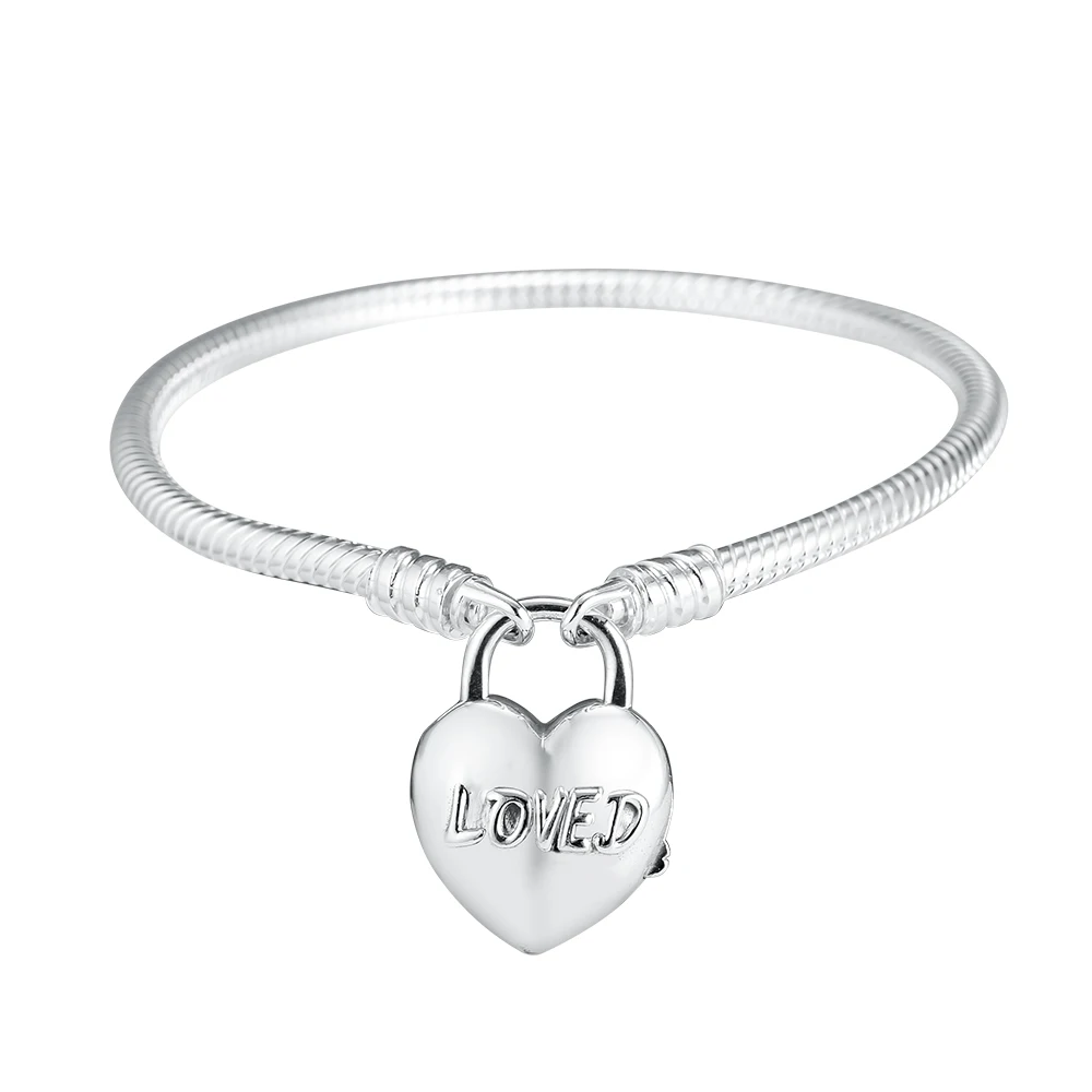

MOMENTS Smooth Bracelet You Are Loved Heart Padlock Clasp Fashion 925 Sterling Silver Bracelets for Women DIY Jewelry Making