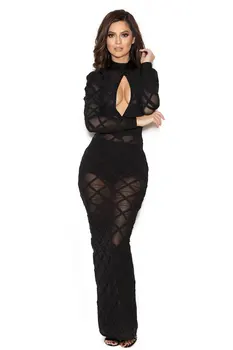 

new style fashion dress sexy women o-neck see-though hollow out mesh bandage vintage celebrity body con party dresses wholesale