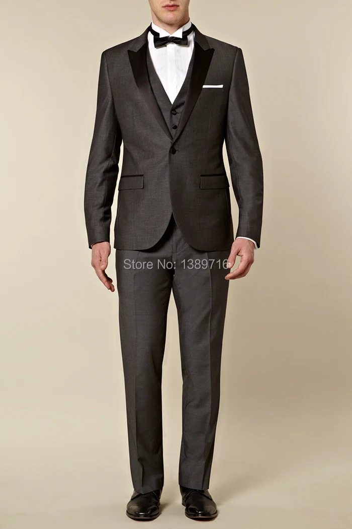 Groom Tuxedos Side Slit Charcoal Grey Peak Black Lapel Best man