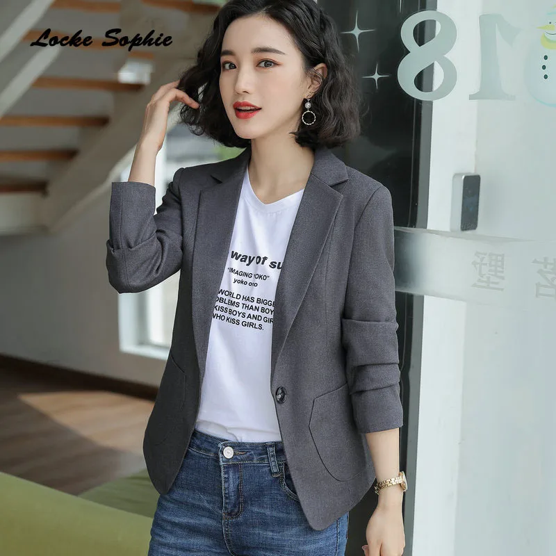 1pcs Women's Plus size Blazers coats 2019 Autumn cotton blend plaid Small pockets Small Suits jackets ladies Skinny Blazers Suit