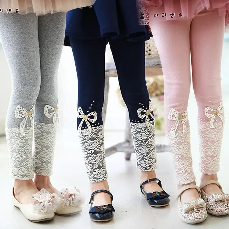 Коллекция года, весенние штаны зимняя детская одежда в Корейском стиле однотонные леггинсы с кружевным бантом для маленьких девочек кружевные штаны для девочек