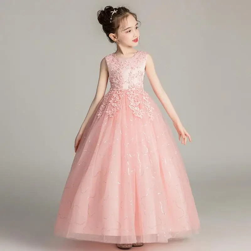 

Elegant Long Pink Girls Dress Ball Gown Embroidery Flower Girl Dress for Performance Show Prom Party 2019 Kids Clothes 5-14Year