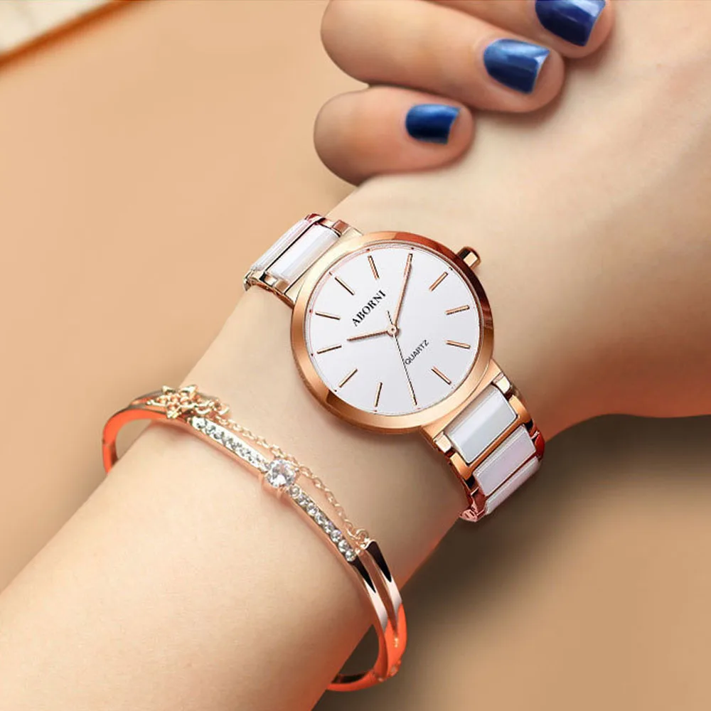 

ABORNI Women Ceramic Wrist Watches Brand Luxury Rose Gold Bracelet Lovers Lady Quartz Dress Watch Relogio Faminino Montre Femme