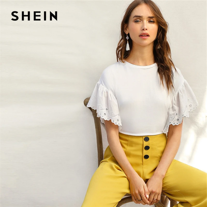 SHEIN Футболка С Вышивкой И Фигурной Отделкой По Краю Женская Летняя Белая Повседневная Футболка С Круглым Вырезом И Короткими Рукавами