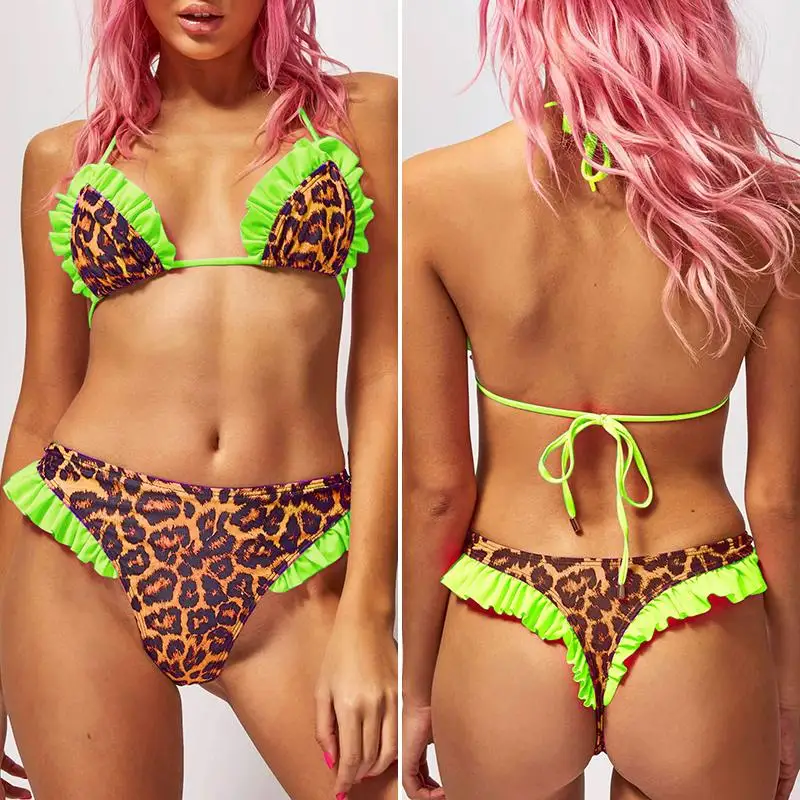 

Aartiee Neon green bikinis 2019 mujer bathers Sexy ruffles swimwear women Leopard print swimsuit female Bathing suit biquini New
