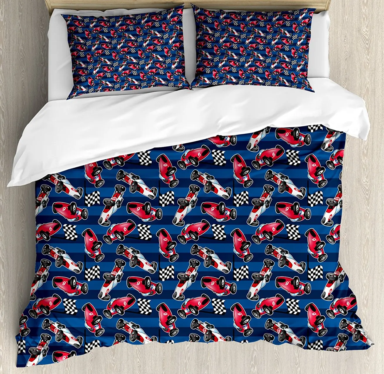

Cars Duvet Cover Set, Vintage Racing Cars on Blue Stripes with Checkered Flags Automobile Sports, 4 Piece Bedding Set