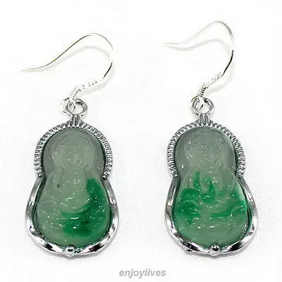 

Free shipping Emerald Green Jade Kwan-yin Bodhisattva Amulet White Gold Plated Hook Earrings LD777