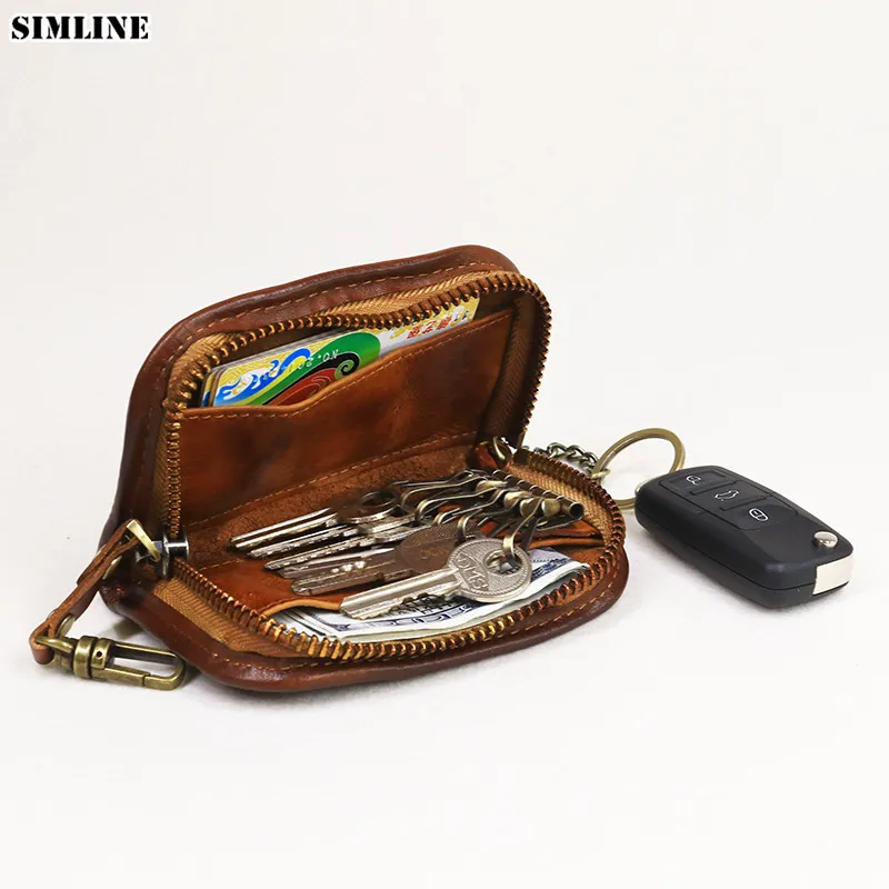 key bag card case chain holder for men women Cow Leather Pouch handmade black Z617 