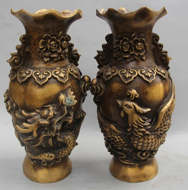 

10"Marked China Bronze The flower Ben Dragon Phoenix Vase Bottle Pot Pair Statue S0708 B0403