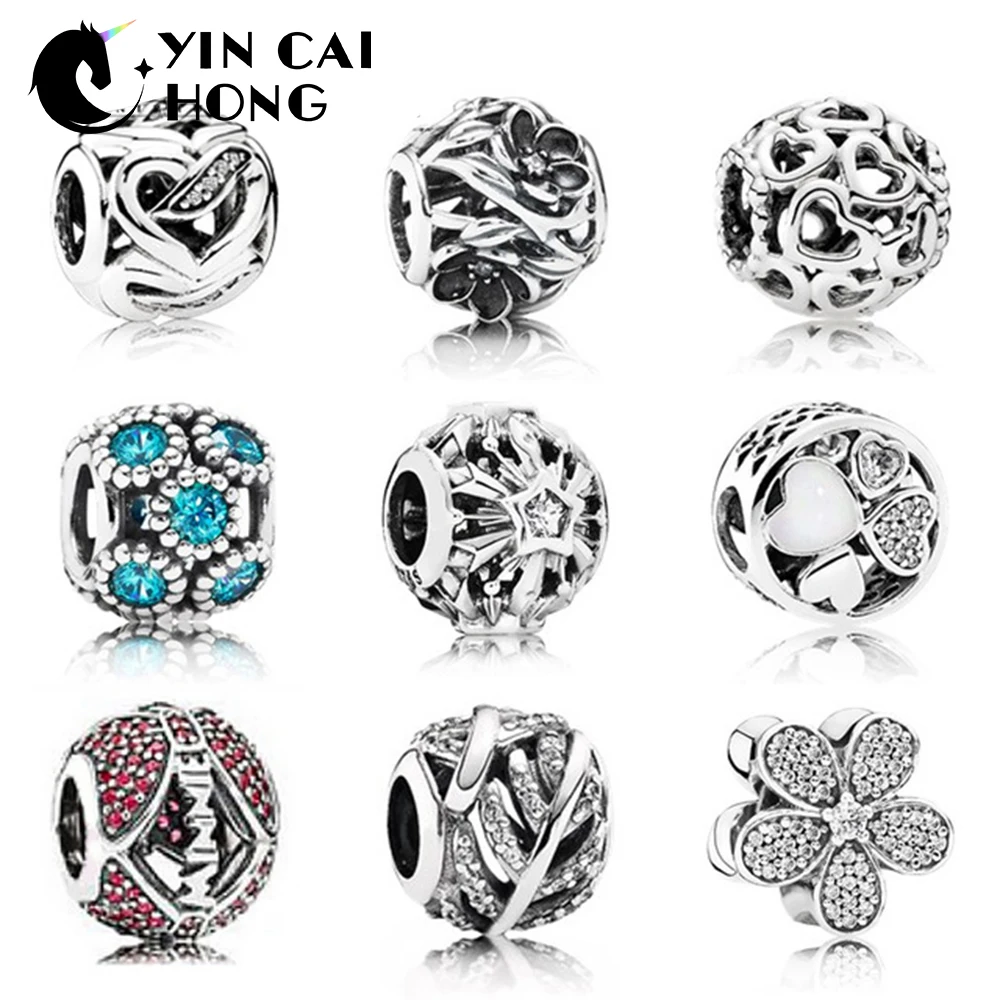 

YCH 925 Sterling Silver Charm Love Heart Family Clear CZ Charms European Bead Fit Bracelet & Bangle DIY Accessories Jewelry