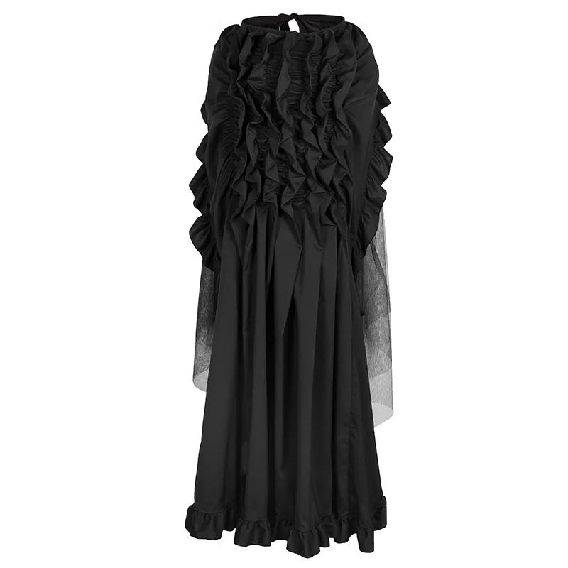 Черного цвета на шнуровке Асимметричный оборками хлопок и Тюль Готический, викторианской эпохи юбка стимпанк Костюмы плюс Размеры длинные