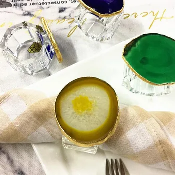 

Natural Agate Geode Slice Napkin Ring Electroplated Golden Modern Minimalist Agate Napkin Ring Healing Crystal Home Table Decora