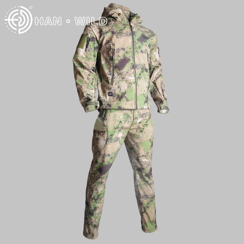Тактические камуфляжные мужские костюмы из кожи акулы, армейская охотничья походная одежда для рыбалки, военная водонепроницаемая куртка с капюшоном+ штаны - Цвет: fg