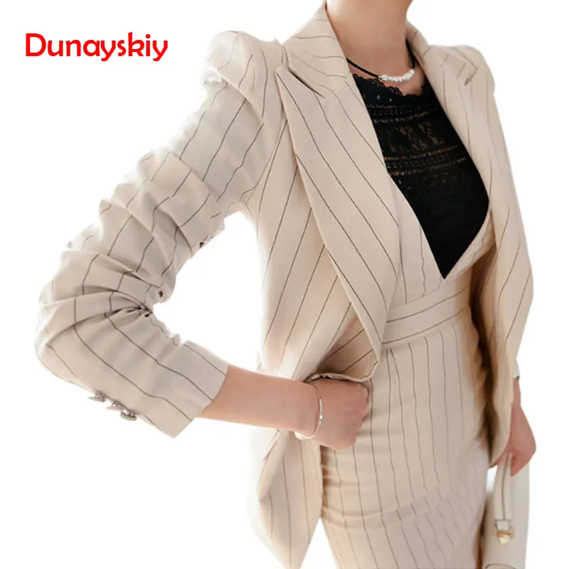 

Women Striped Dress Suits Office Lady Double Breasted 2 Piece Sets Elegant Notched Blazer + Fashion Sheath Dresses Female