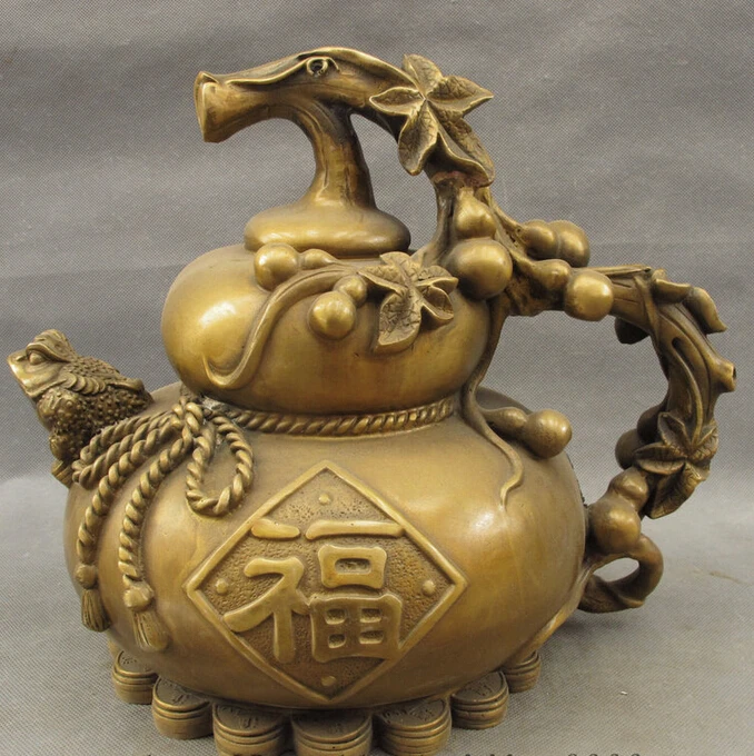 

song voge gem S5470 14" Chinese Bronze Decoration Wealth Coin Hoptoad Toad Fu Gourd Cucurbit Statue