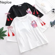 Neploe, японские милые футболки, короткий рукав, кисточка, галстук-бабочка, шнуровка, топы,, летняя футболка с принтом кота, Круглый ворот, женские футболки 52537