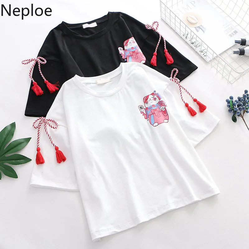 

Neploe Japanese Sweet T Shirts Short Sleeve Tassel Bow Tie Lace Up Tops 2019 Summer Cat Printed TShirt O-neck Women Tees 52537