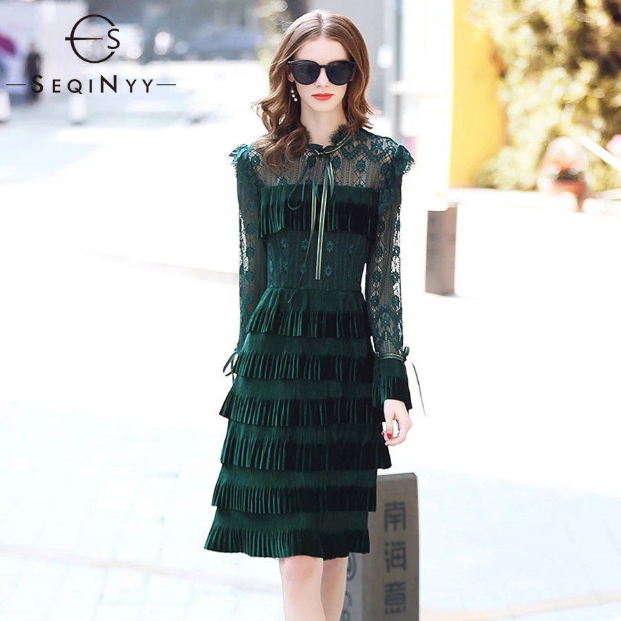 

SEQINYY Cake Dresses 2019 Early Spring Woman's New Lace Sexy Perspective Flare Sleeve Velvet Splicing Solid A-Line Mini Dresses
