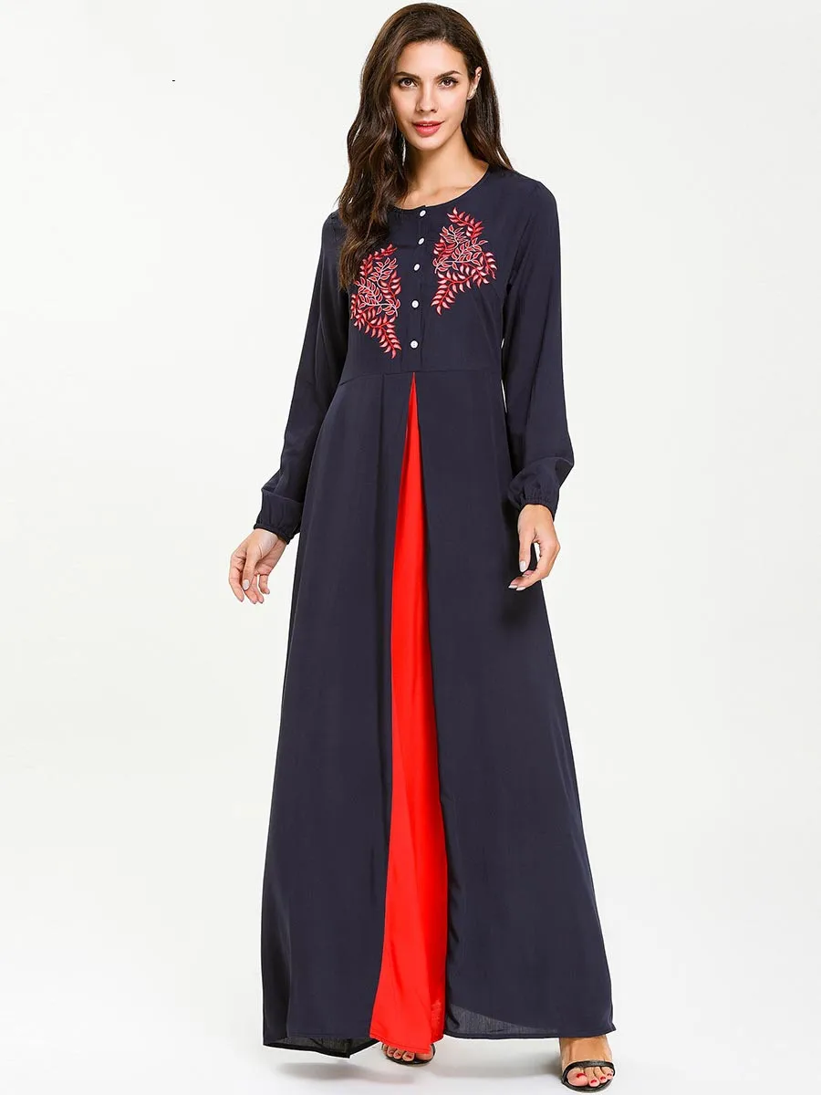 Женская одежда больших размеров мусульманское модное однобортное платье с вышивкой спереди контрастного цвета в стиле пэчворк