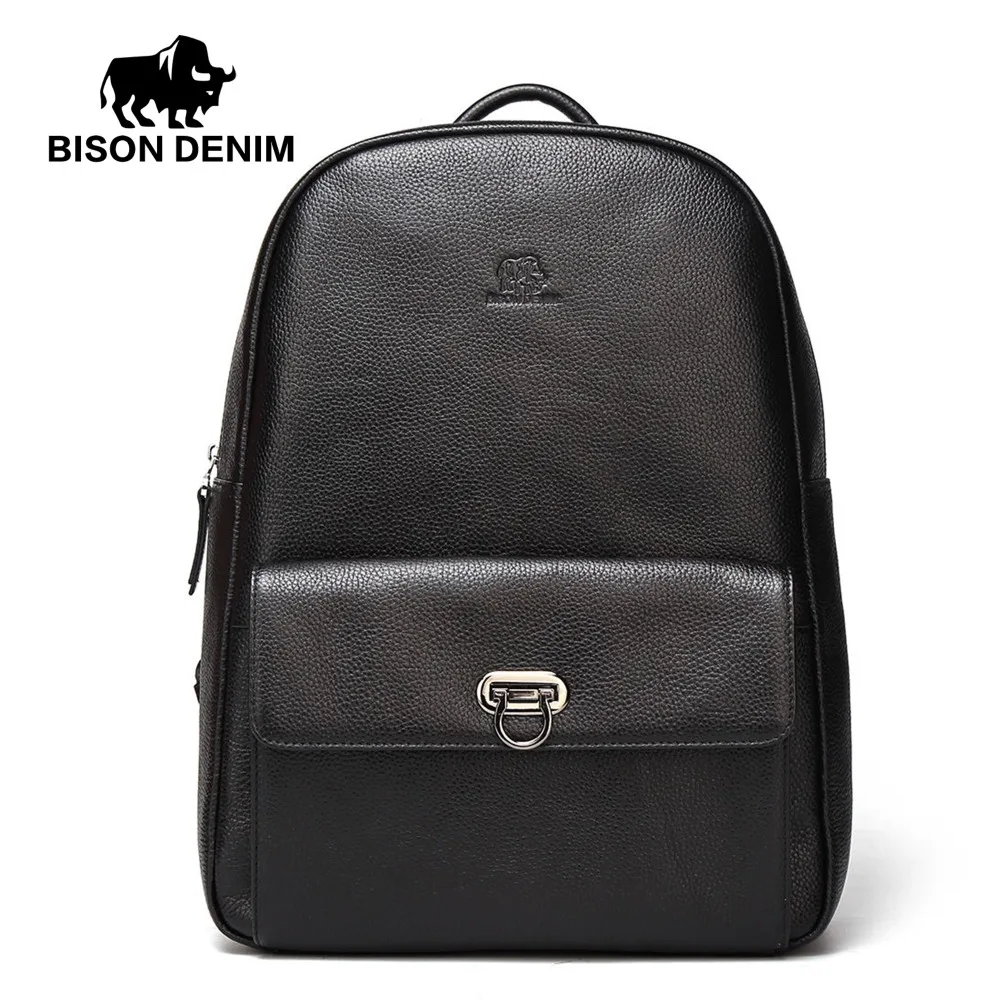 

BISON DENIM Genuine Leather Male Backpack Casual Travel Daypack 14" Laptop Backpack For College Cowskin Fashion Mochila N2526