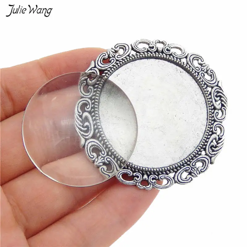 줄리 왕 2 개/갑 골동품 실버 컬러 브로치 베젤베이스 유리 카보 숑 브로치 핀 보석 액세서리 만들기 35mm 