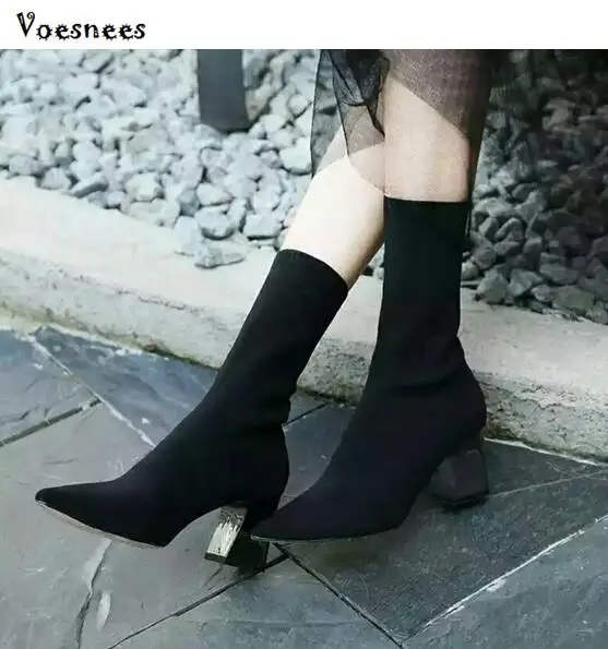 

2018 Autumn Women's Boots Pointed Toe Elastic Ladies Boot Thick Heel High Heels 7CM Shoes Woman Female Socks Boots Singles Shoes