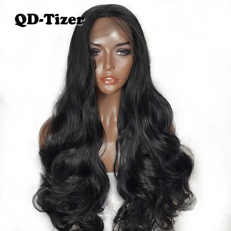 

180% Density Long Body Wavy Black Wigs with Baby Hair Heat Resistant Fiber Hair Synthetic Lace Front Wigs for Black Women