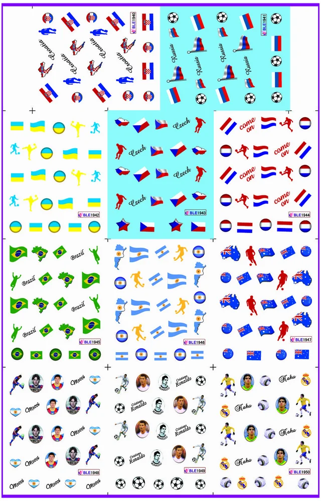 

11 PACK/ LOT WATER DECAL NAIL ART NAIL STICKER SPORT FOOTBALL WORLD CUP SOCCER NATIONAL FLAGS BLE1940-1950