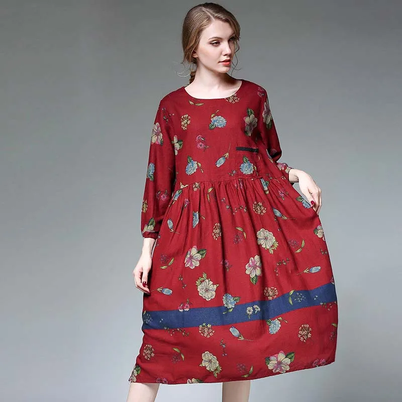 Женское платье 2017 Boho принт Осень Хлопок взлетно посадочной полосы плюс Размеры с