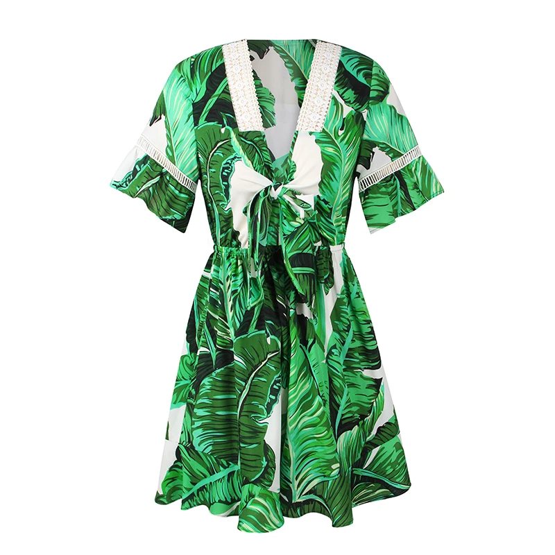 Diwish Jumpsuit Women Holiday Playsuits Summer Deep V Neck Sexy Flare Sleeves Bow Knot Chic Print Overall Beach Romper Suits