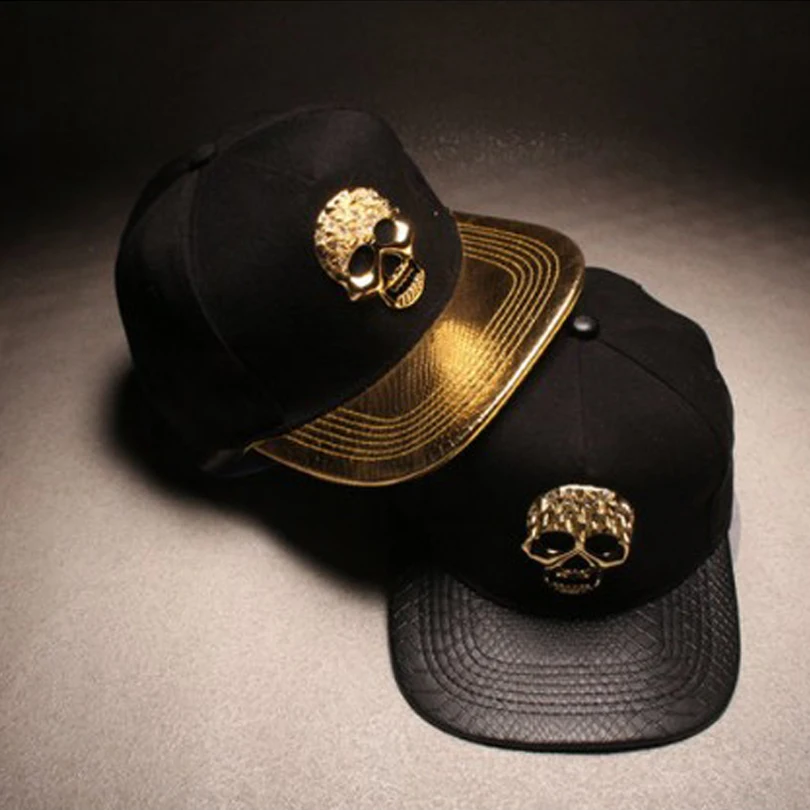 Fashion cool Black gold leather flat brim skull casual hiphop snapback adjustable full cotton