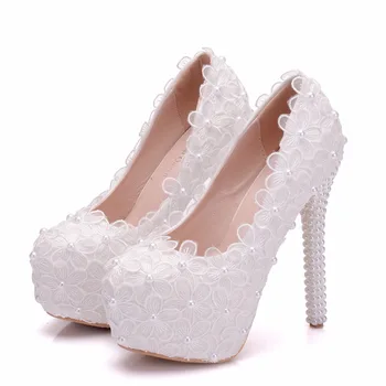 

Women Lace Wedding Shoes Bridel Pearl High Heels Platform Pumps Flowers Thin Heels Valentine Shoes White Woman Sexy High Heels
