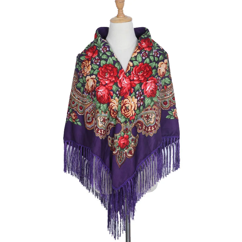 Российский женский модный брендовый квадратный шарф большого размера, хлопковый длинный шарф с кисточками и принтом, осенне-зимняя шаль из пашмины, горячая распродажа - Цвет: Purple