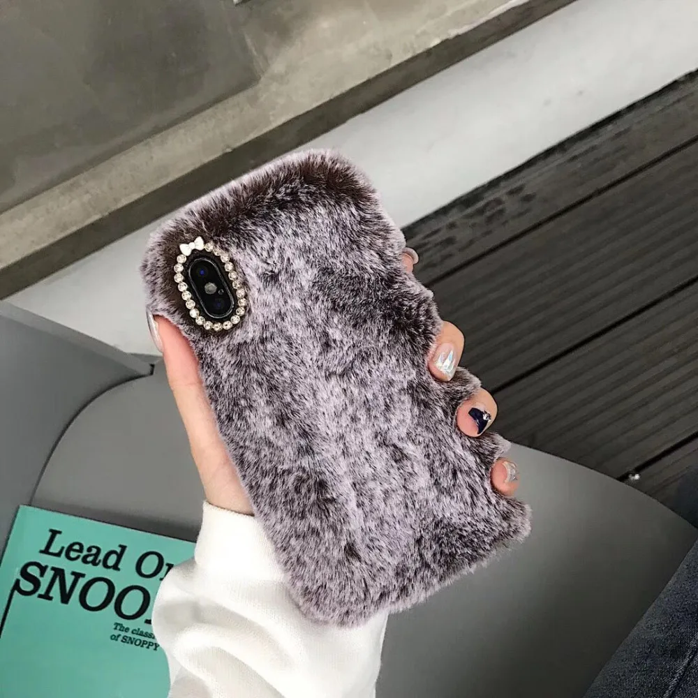 Пушистый чехол для iPhone X XS Max XR зимний теплый Плюшевый с кроличьим мехом Apple 6 6S Plus 7