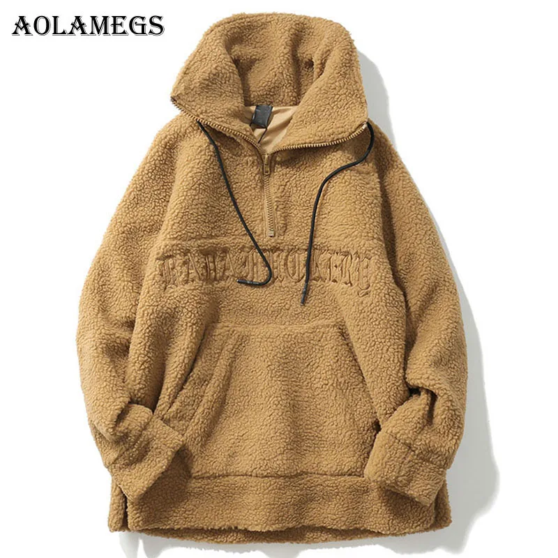 

Aolamegs Male Sweatshirt Letter Plus Velvet Sweatshirts Couple Pullover Fashion Long Sleeve High Street Streetwear Casual Winter