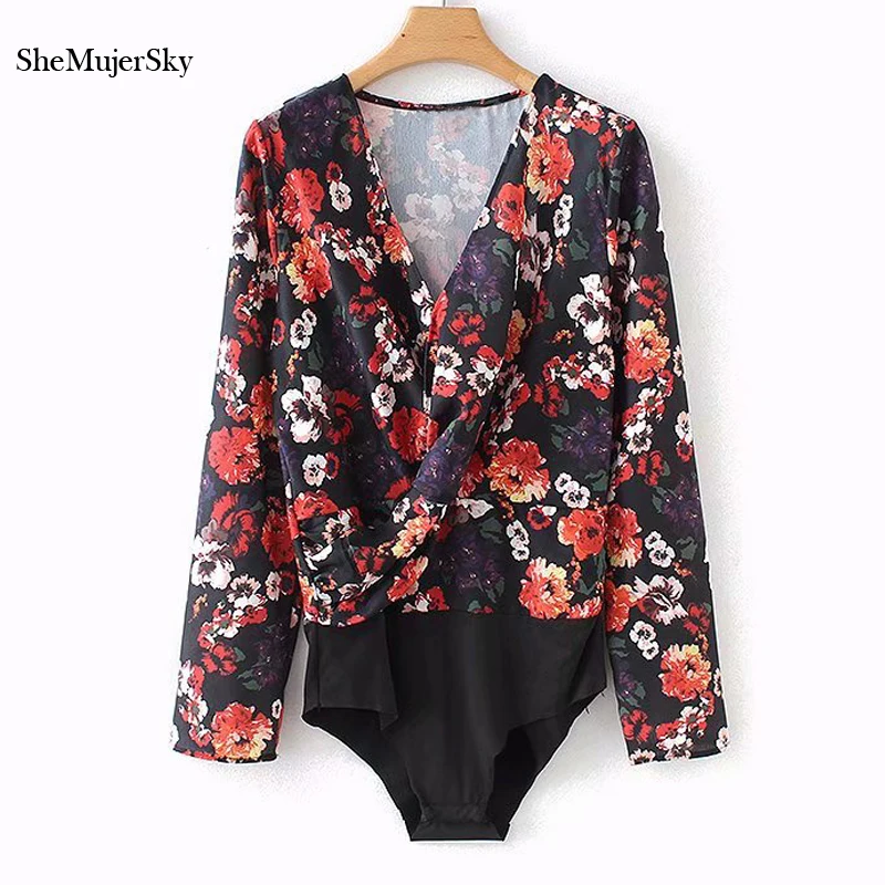 

SheMujerSky Long Sleeve V-neck Floral Bodysuits Autumn Jumpsuits For Women 2018 Body Women