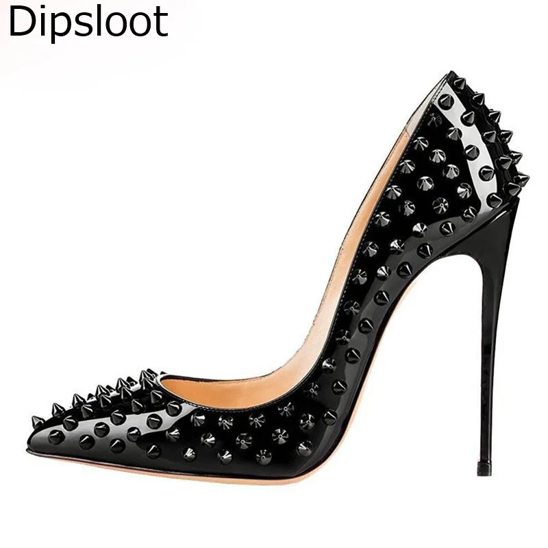 

Sexy Women Metal Rivets Studs Shiny Leather Pumps Stilettos Pointed Toe Ladies Spikes Slip on Bridal Dress High Heels Shoes