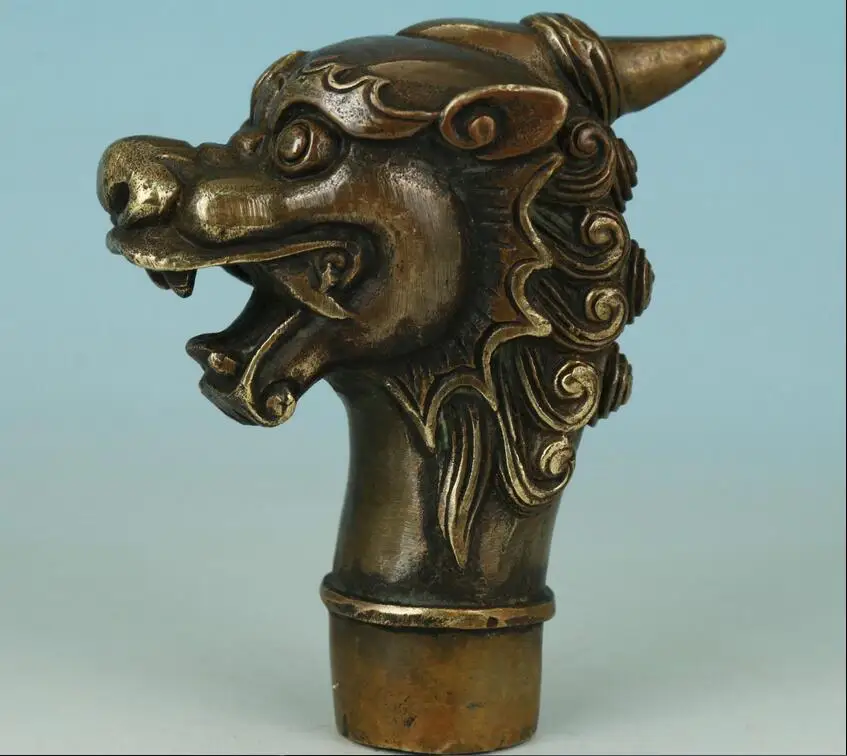 Lucky Handmade Bronze Carved dragon Collect Statue Cane Walking Stick Head 