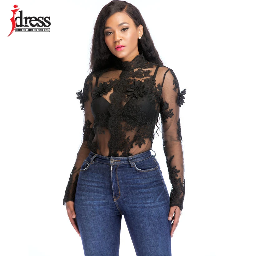 IDress 2018 Autumn Playsuits and Jumpsuits Black Flower Mesh See Through Long Sleeve Sexy Club Bodycon Rompers Womens Jumpsuit (11)