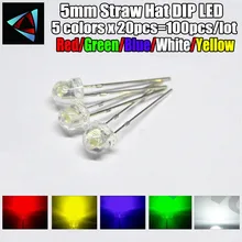 100 шт.(5 видов цветов x 20 штук) 5 мм 4,8 мм соломенная шляпа Светодиодный рассеянный комплект 5 мм 3V Белого и зеленого цвета красные, синие желтый