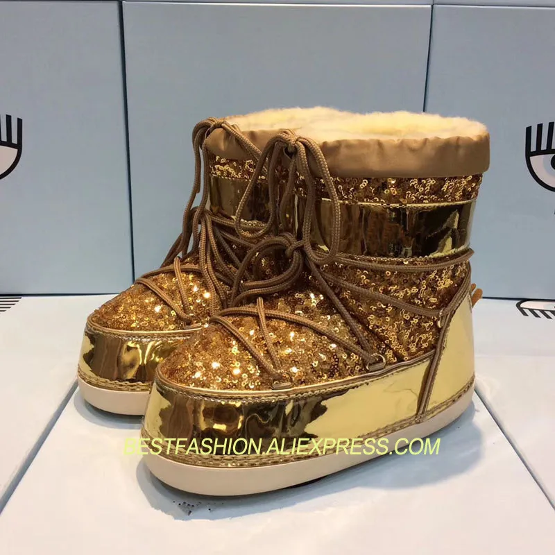 

2018 Hot Autumn Snow Boots Shoes Woman Wool Fur Shearling Boots Design Cozy Bling Glitter Waterproof Boots Zapatos Mujer Boots
