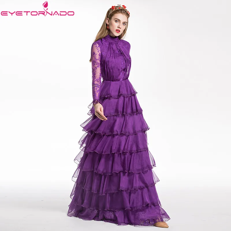 Women Long Cascading Ruffled Lace Dress Flare Sleeve Elegant Wedding