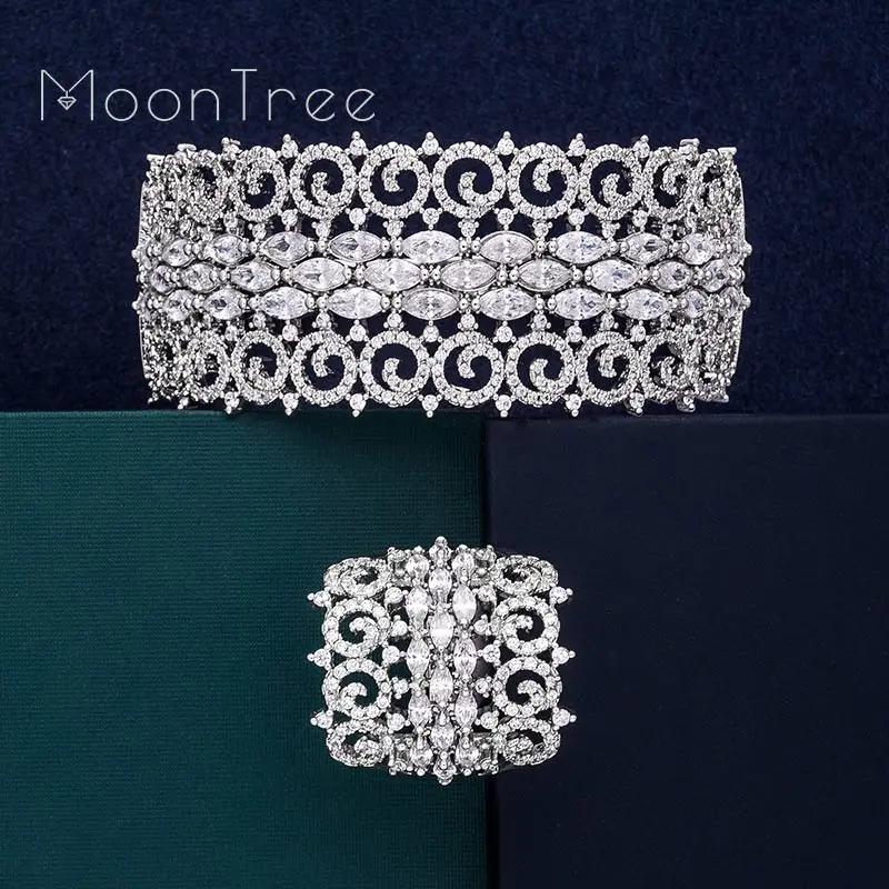 

MoonTree Luxury Big Delicate 3 Tone Mixed Cubic Zirconia Copper Geometry Party Wedding Saudi Arabic Dubai Bangle Ring Set