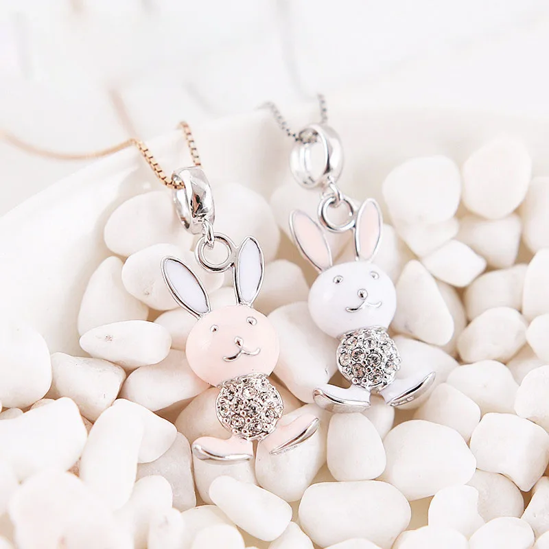 

White/Pink Enamel CZ Rabbit 925 Silver Pendant